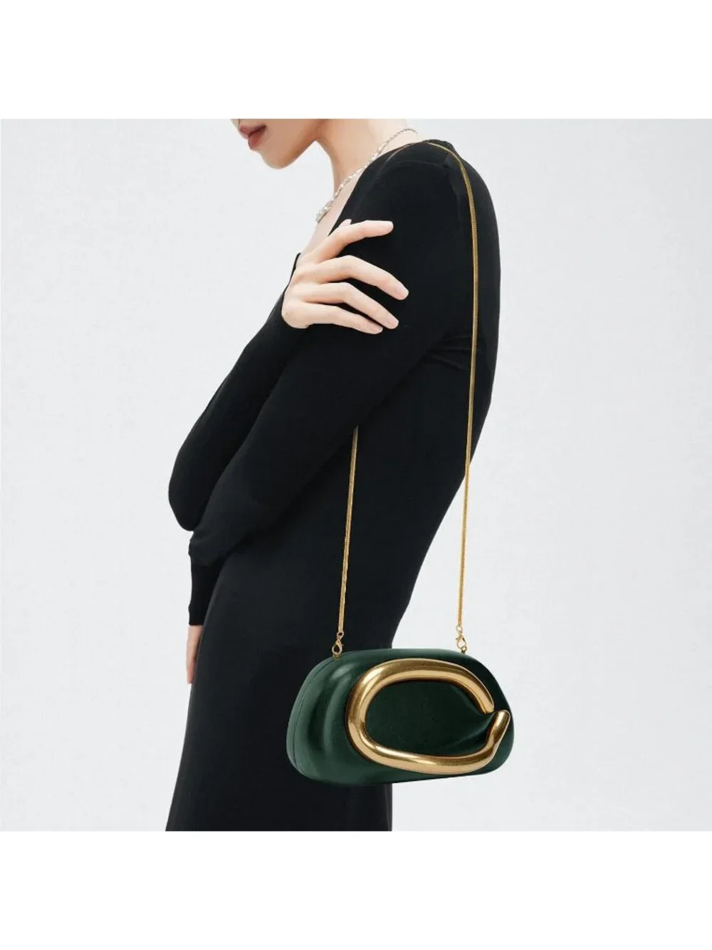 Women’s Leather Dark Green Acrylic Shell Clutch Purse Gold Chain Evening Handbag